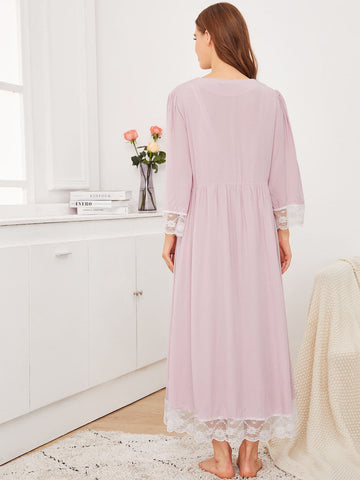 Contrast Lace Night Dress With Robe