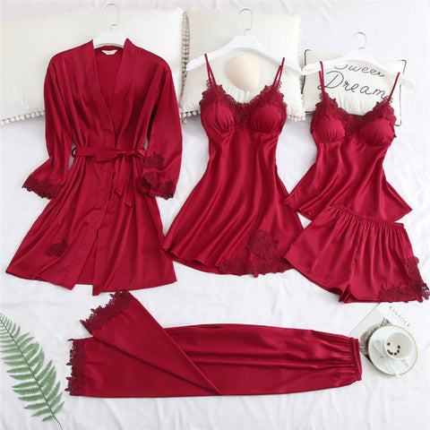 Wine Faux Silk and Lace Sleepwear Set