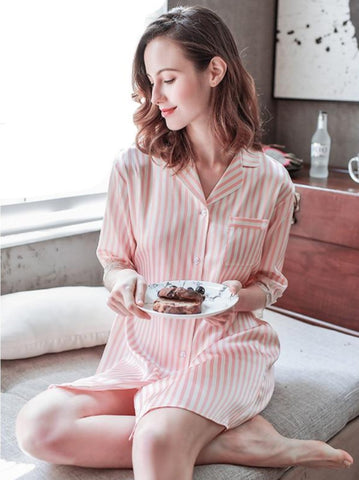 Pure Silk Long Striped Shirt-style Nightdress