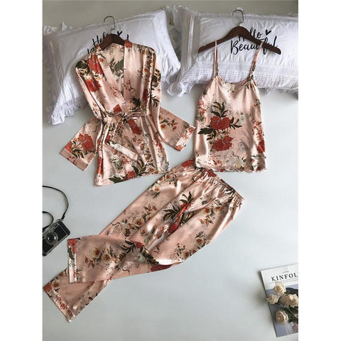Beige  3 Piece Faux Silk Printed Pajama Set