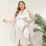 Plus Faux Silk and Lace Long Sleeve Elegant Robe