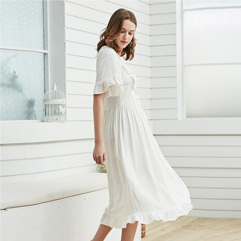 Delightful Long Nightgown with Ruffled Cuffs