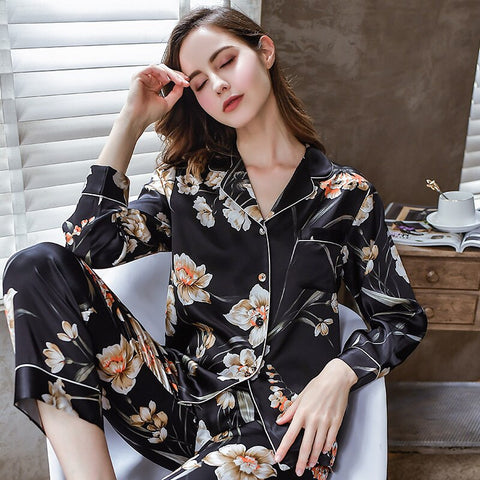 Pure Silk Floral Printed Long Sleeve Pajama Set