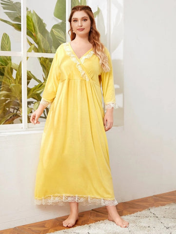 Ruffle Neck and Lace Long Nightdress