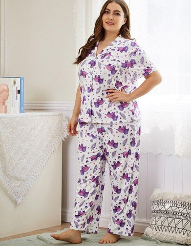 Animal and Leaf Print Short Sleeve Pajama Set