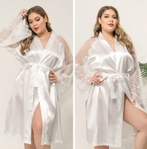 Plus Faux Silk and Lace Long Sleeve Elegant Robe
