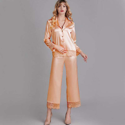 Faux Silk Pajamas in Classic Style with Lace Trim