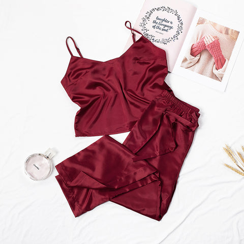 Satin Wine Pajama Set with Sleeveless V-Neck Top