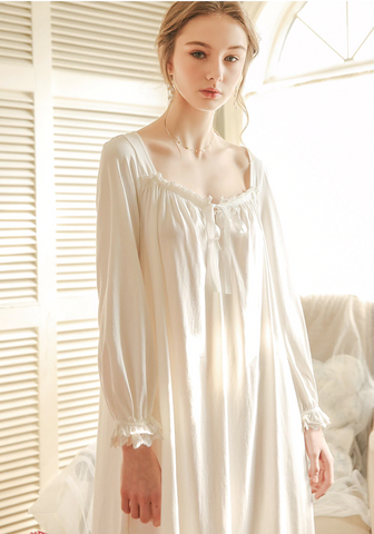 Long V-neck Solid Color Retro Style Nightdress