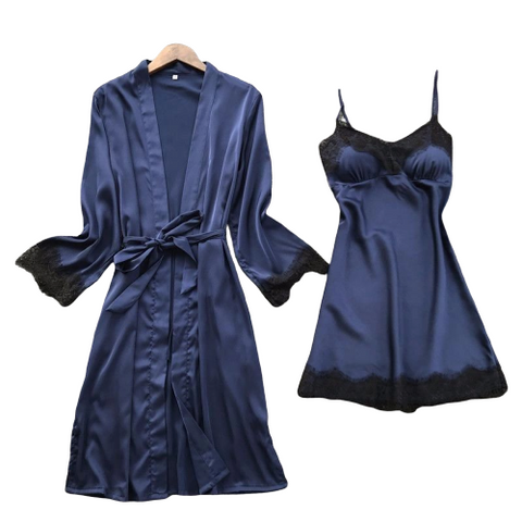 Night Gown and Robe Set with Black Lace Trim