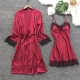 Night Gown and Robe Set with Black Lace Trim