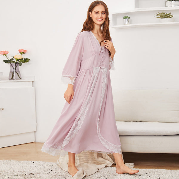 Contrast Lace Night Dress With Robe