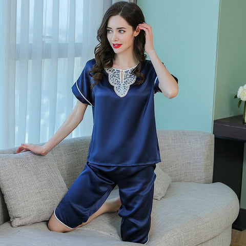 Pure Silk Short Sleeve Knee-Length Pajama Set
