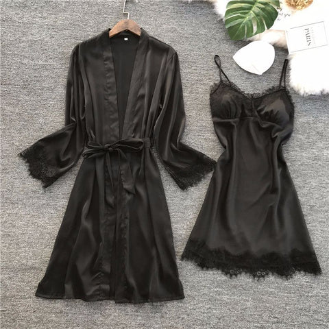 Night Gown and Robe Set with Black Lace Trim