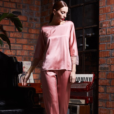Pure Silk Long-Sleeved Exquisite Pajama Set