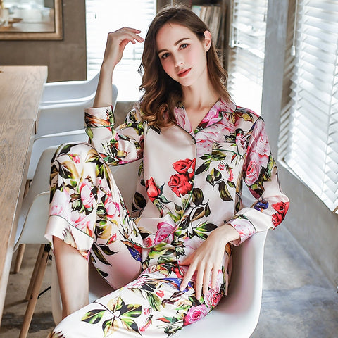 Pure Silk Floral Printed Long Sleeve Pajama Set