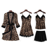 Synthetic Silk Leopard Print Sleepwear Set in Black