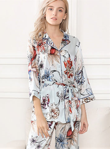 Pure Silk Floral Design Short Sleeve/Cropped Pants Pajama Set