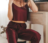 Satin Wine Pajama Set with Sleeveless V-Neck Top 