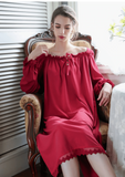 Long V-neck Solid Color Retro Style Nightdress