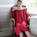 Long V-neck Solid Color Retro Style Nightdress