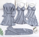 Light Blue Faux Silk and Lace Sleepwear Set