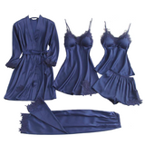 Dark Blue Faux Silk and Lace Sleepwear Set