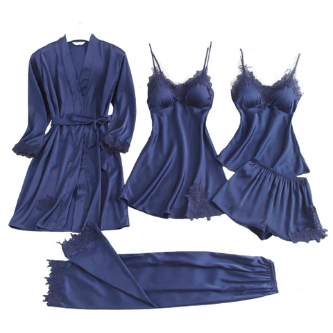 Dark Blue Faux Silk and Lace Sleepwear Set
