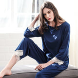 Ladies Elegant Long Pant/Sleeves Blue Pajama Set